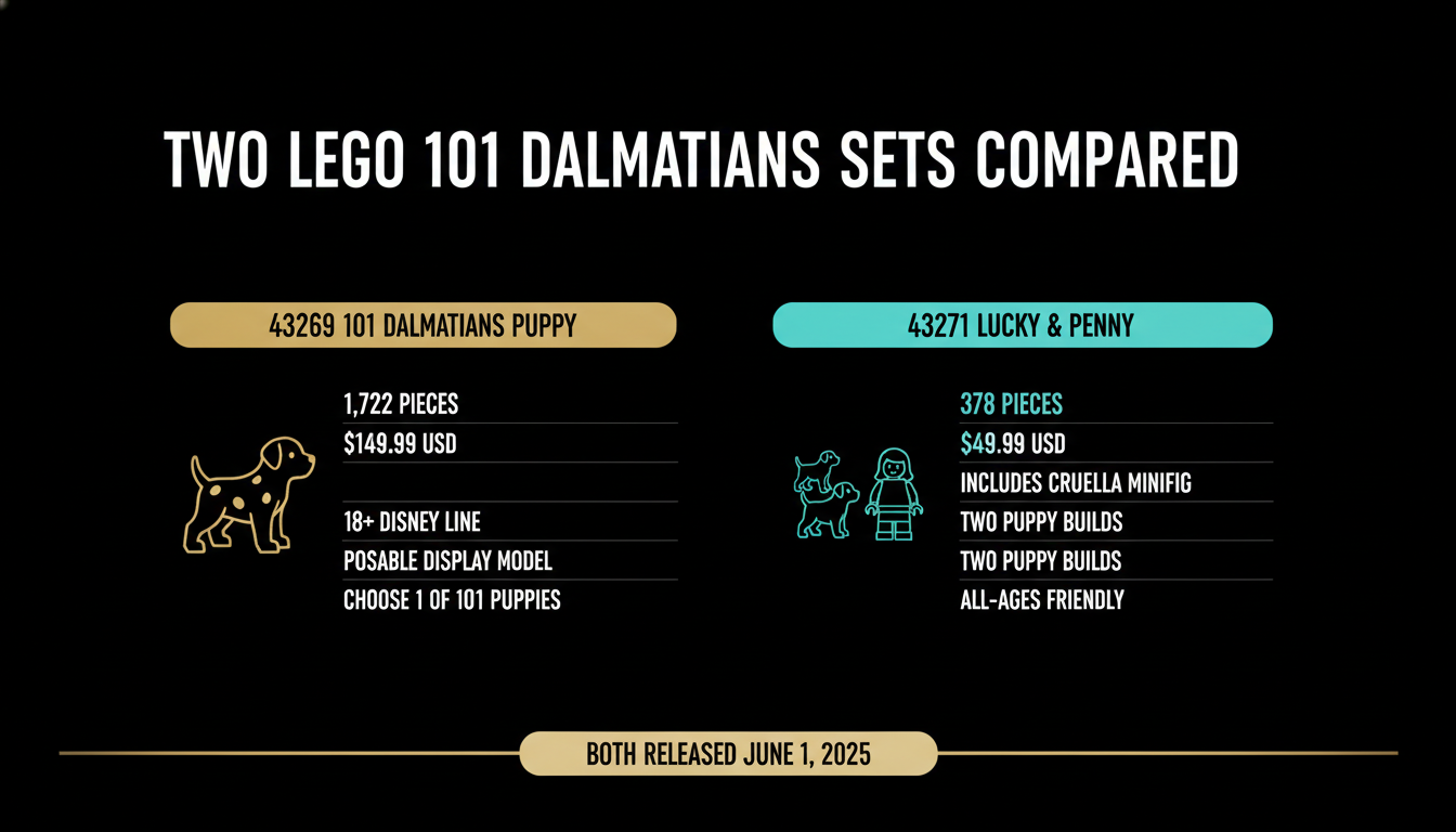 Two LEGO 101 Dalmatians sets compared — 43269 vs 43271 specs