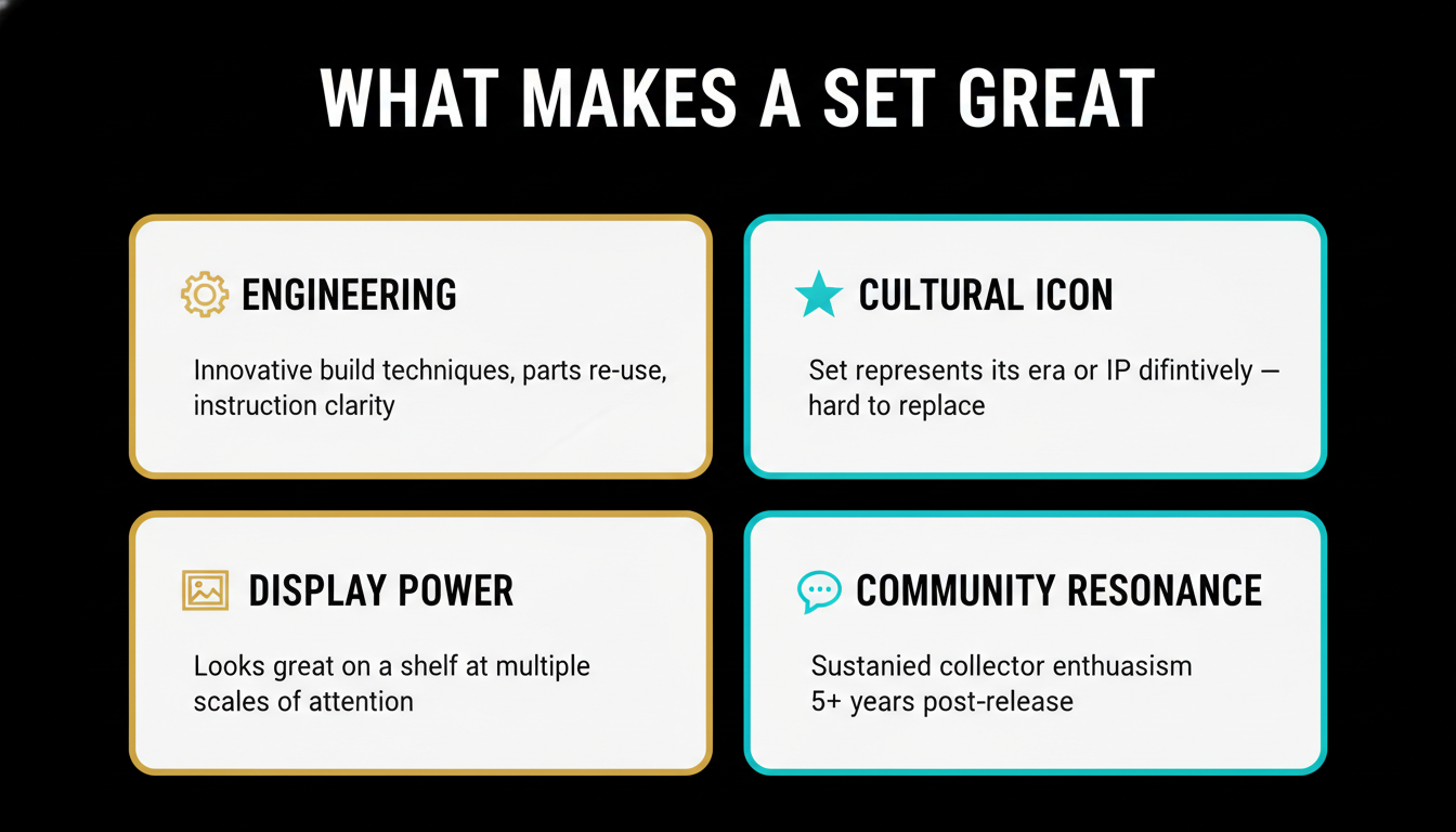 What makes a LEGO set great — engineering cultural icon display power community resonance