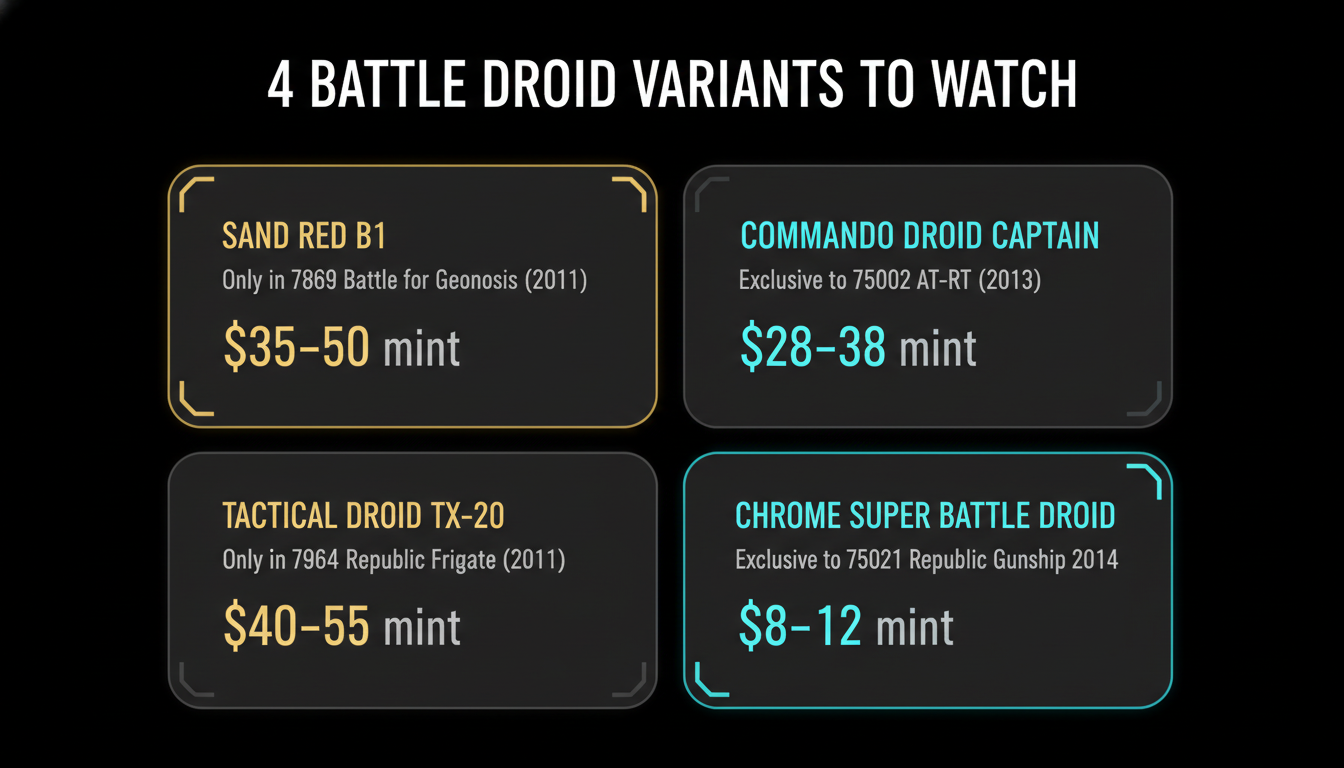 4 LEGO battle droid variants worth watching — Sand Red B1 Commando Droid Captain TX-20