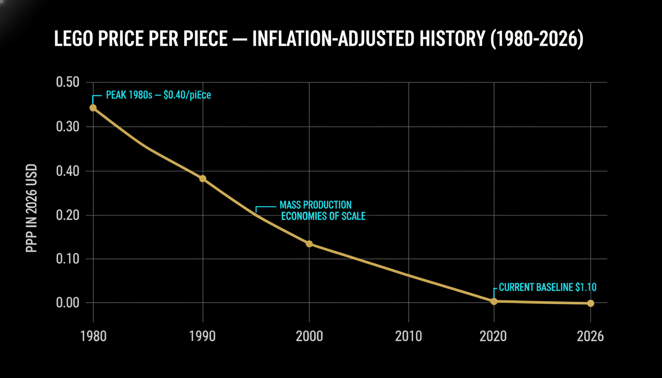 LEGO price per piece inflation-adjusted history 1980 to 2026
