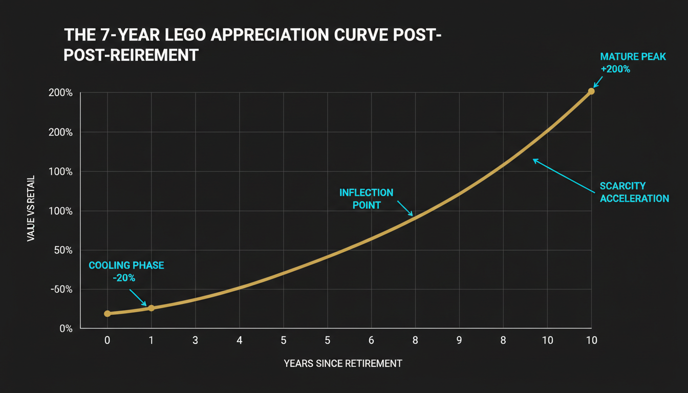 The 7-year LEGO appreciation curve post-retirement — cooling phase, inflection, acceleration