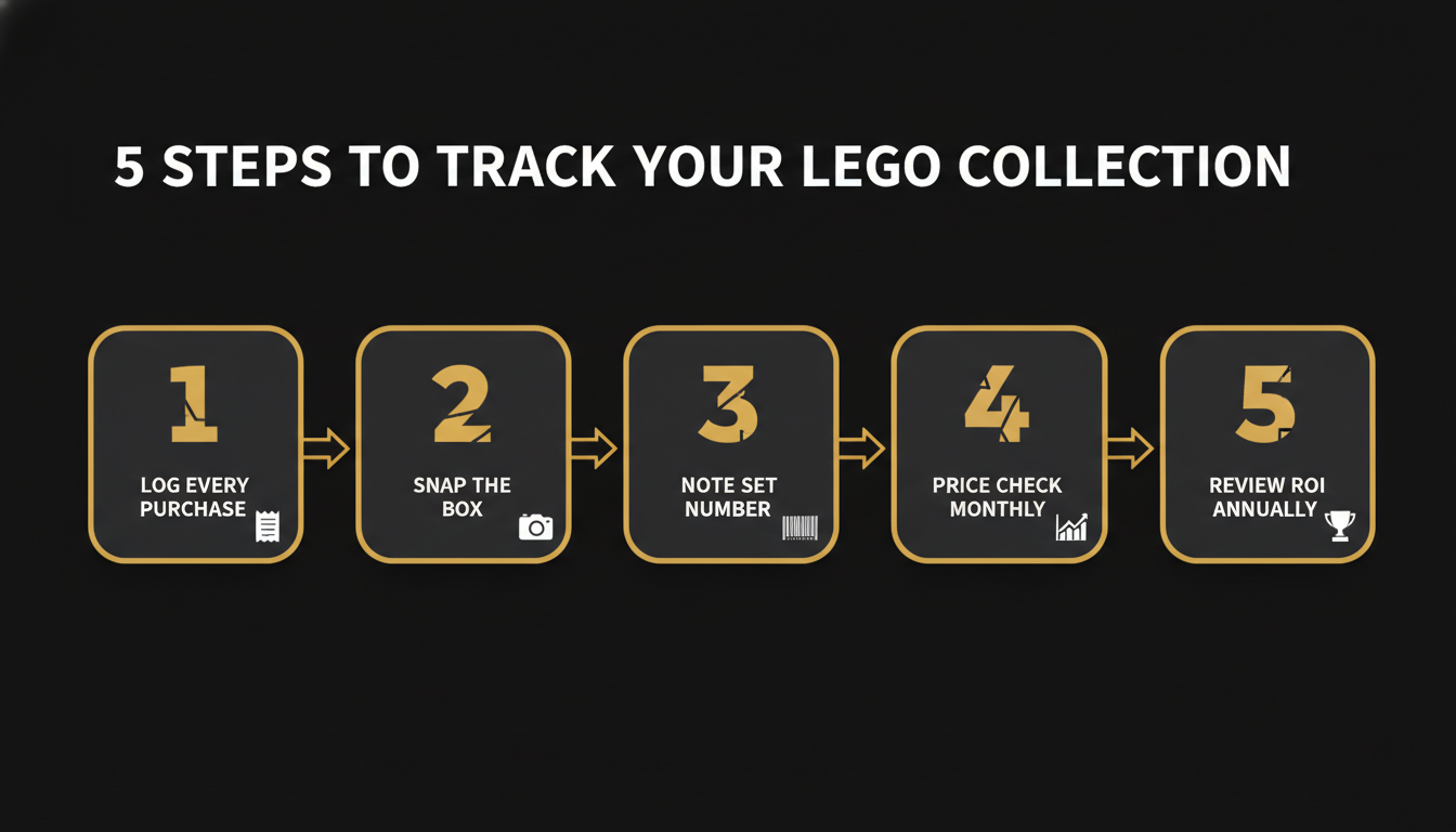 5 steps to track your LEGO collection — log purchase, snap box, note set number, price check monthly, review ROI annually