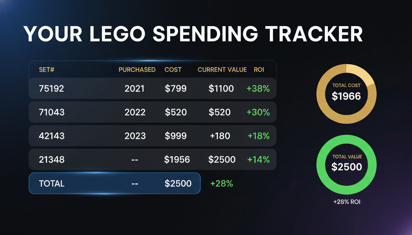LEGO spending tracker spreadsheet showing 5 sets with cost, current value, and ROI columns totaling +28% year-one return