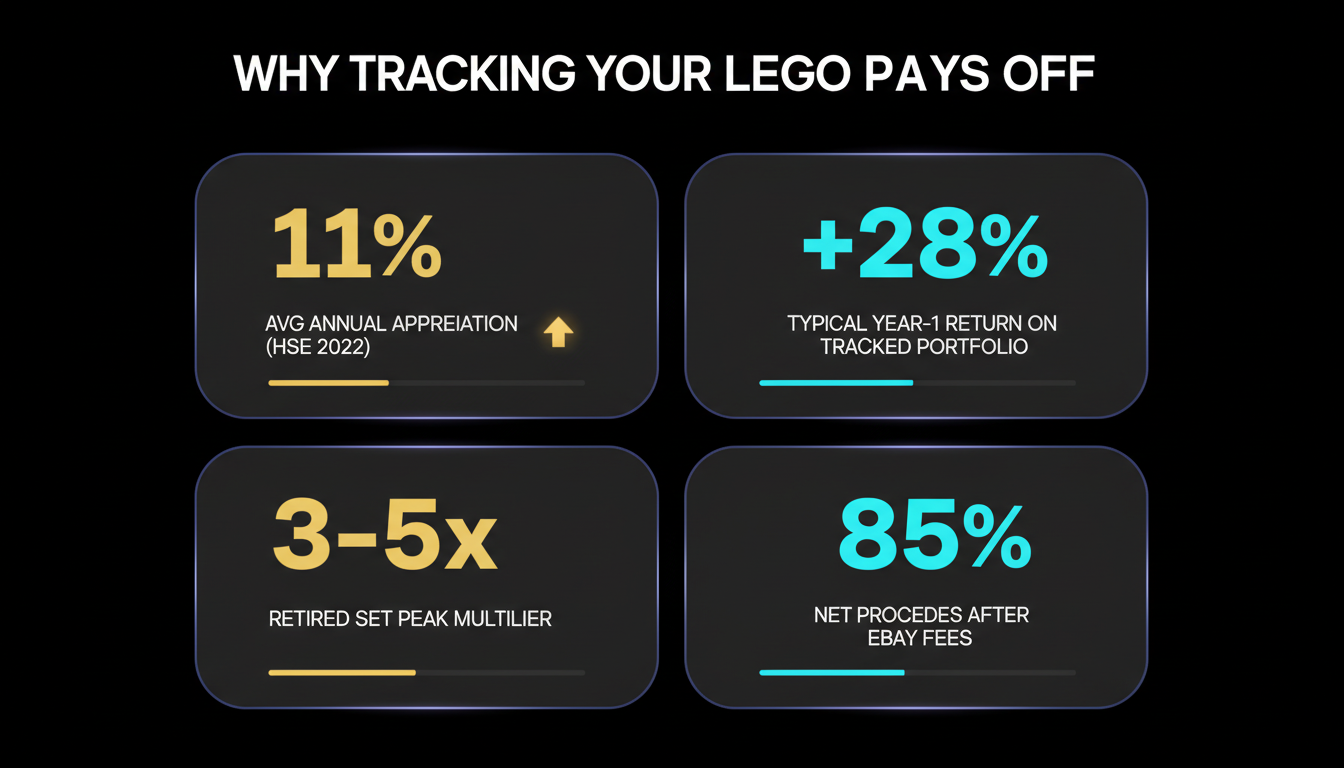 Why tracking your LEGO pays off — infographic showing 11% annual appreciation, 28% typical year-1 return, 3-5x retired set peak, 85% net after fees